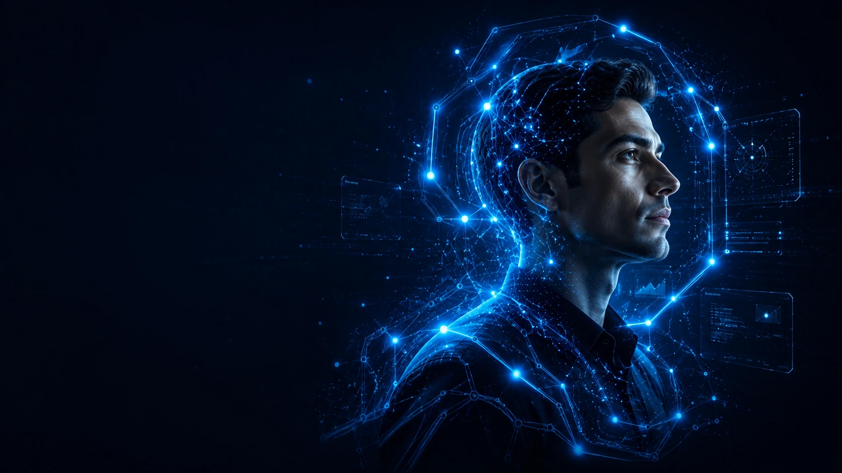 Futuristisches KI-Porträt mit leuchtendem Neural-Frame und vernetzten Datenpunkten