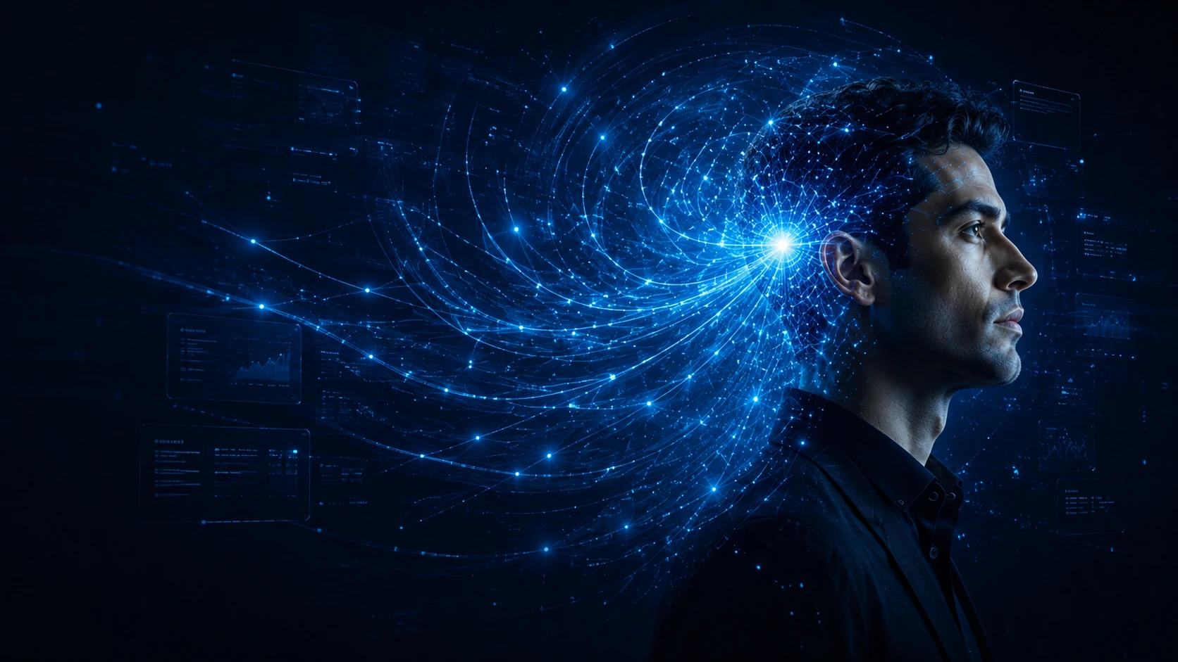Futuristisches KI-Porträt mit leuchtendem Zentrum und wellenförmig ausstrahlenden Datenbahnen