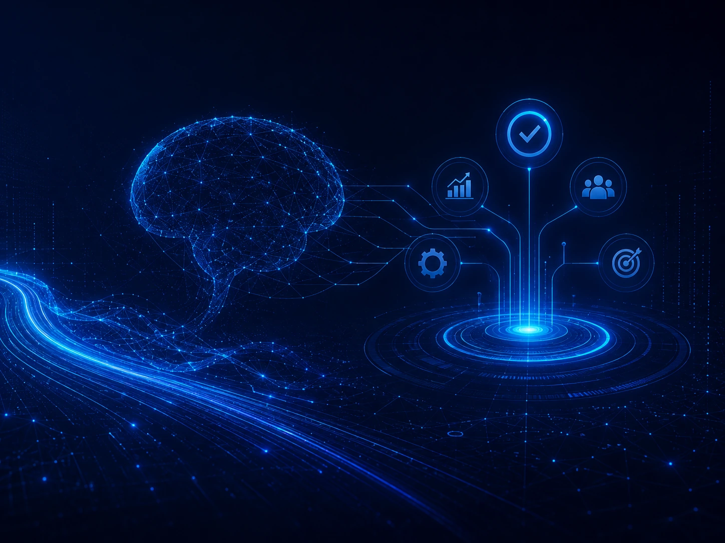 Digitales Gehirn im Datenstrom als Symbol für künstliche Intelligenz und automatisierte Entscheidungen